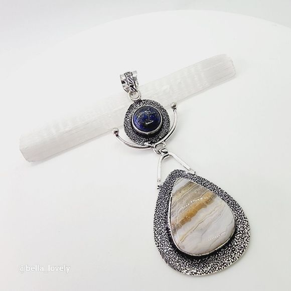 Huge! Crazy Lace Agate Lapis Lazuli Ethnic Handmade Pendant 3.38" - Picture 4 of 5